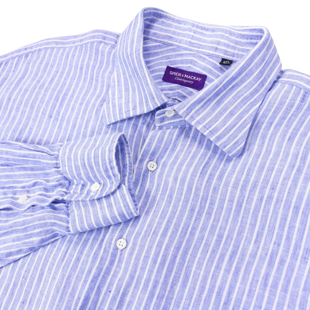 Spier & Mackay Blue White Striped Linen Shirt Mens 17.5 37 Contemporary Fit